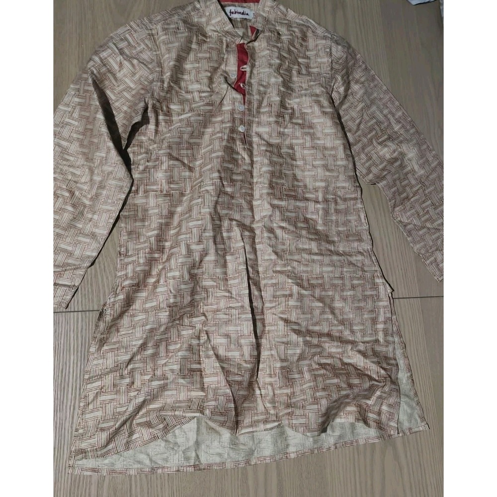 Fabindia Tunic Kurta Shirt Kids 7-8 Beige‎ Geometric Silk Viscose Long Sleeve